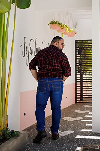 Calça Masculina Jeans Simples com Detalhe de Risco Plus Size Tamanho:54;Cor:Azul