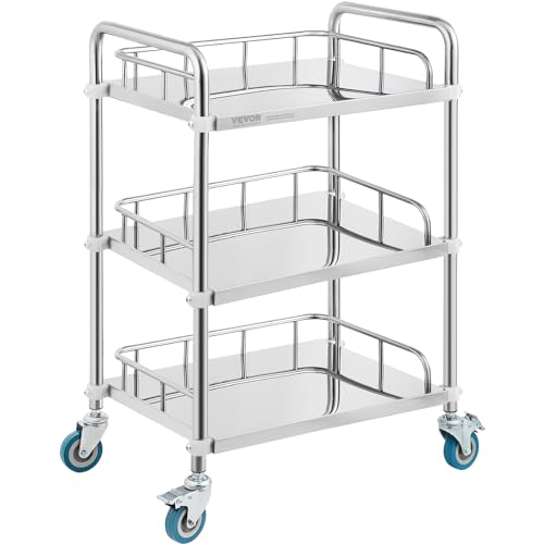 VEVOR Lab Rolling Cart, 3-Shelf Stainless Steel Rolling Cart, Lab Serving Cart with Swivel Casters...