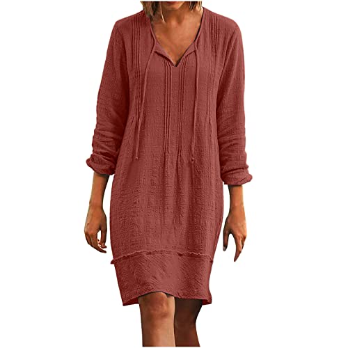 Vestido de manga larga para mujer, cuello barco, lino, corte de playa, hawaiano, a rayas, vestido midi de verano y otoño 2024, C-157 Rojo, L