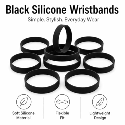 Image of Street27 10-Pack Blank Silicone Wristbands | Unisex Elastic Rubber Bracelets for Events, Sports & Parties Wear - Black