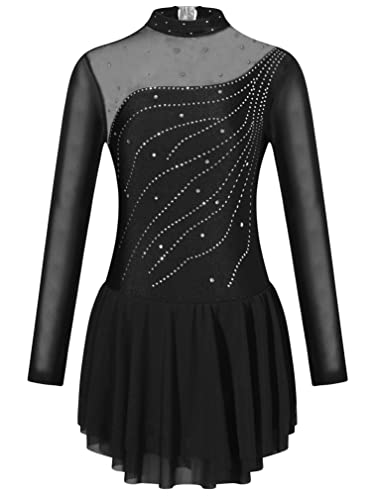 Easyforever Girls Long Sleeve Glitter Rhinestone Figure Ice Skating Dance Dress Competition Roller Skater Costume Black 6 Years #TOP18