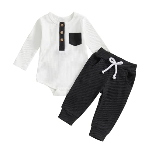 Image of fhutpw Baby Boy Clothes 3 6 12 18 Months Ribbed Knitted Long Sleeve Romper and Pants Sets Newborn Fall Splicing Color Outfits