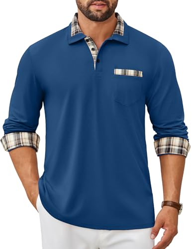 Polo manches longues homme bleu royal décontracté chic col carreaux avec poche taille S