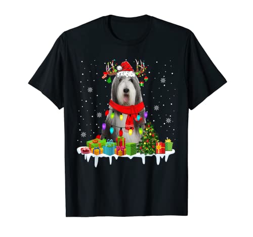 Christmas Bearded Collie Guirlande lumineuse de Noël Père Noël renne T-Shirt