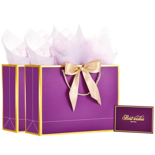 Image of Powbrace 13 inch Medium Purple Gift Bag Set with Handle - 2 Bags Featuring Bows, 4 Tissues, and 2 Greeting Cards for Wedding, Baby Shower, Father's Day, Mother's Day, Birthday Party