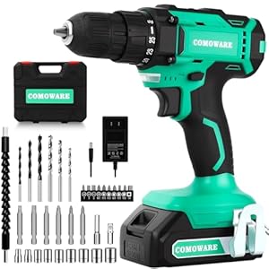 COMOWARE 20V Cordless Drill, Electric Power Drill Set with 1 Battery & Charger, 3/8” Keyless Chuck, 2 Variable Speed, 266 In-lb Torque, 25+1 Position and 34pcs Drill/Driver Bits