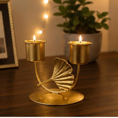 Image of Webelkart Premium Decorative Candlestick Holder for Home and Dining Table Decor /Tealight Candle Holder for Home and Office Decor - (6.5 inches Gold) (Gold-Dubble Cancle)