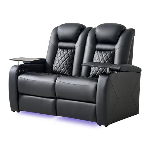 Home Theater Seating, Classic Series Leather Movie Theater Chairs, Power Headrest and Memory with C-Type USB Charger, 7Color Ambient Lighting and Tray Table, Black Power Adjustable Recliner(Row of 2L)