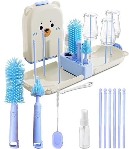 Image of Blue Travel Bottle Cleaner Kit with Drying Rack – 6-in-1 Baby Bottle Washer & Silicone Brush Set for Pump Parts, Nipples & Straws – Portable Baby Travel Essential in Compact Case