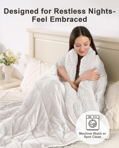 Image of Ultra-Soft Weighted Blanket for Adults(15 lbs, 60 inch x 80 inch Queen Size) Plaid Sherpa Fleece Reversible Heavy Blanket with Glass Beads, Perfect for 140-190 lbs, Machine Washable, Cream