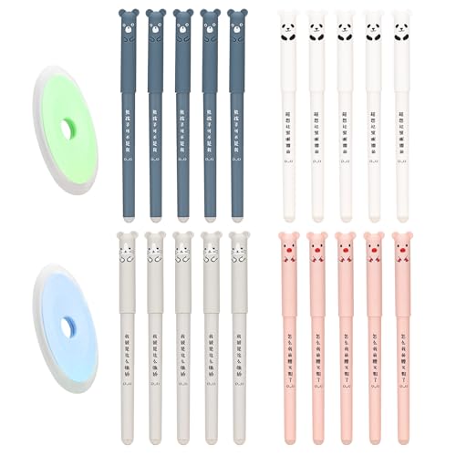 20 Stück Cartoon Radierbarer Kugelschreiber Blau, 0,35mm Tintenroller Radierbar mit 2 Radiergummis, Erasable Pen Set Löschbarer Gelstift Panda Gelschreiber Radierbar für Erwachsene Kinder Studenten