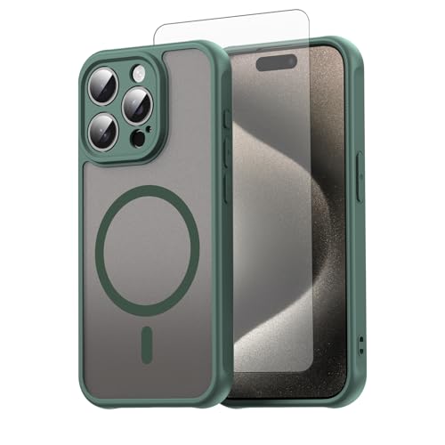 Coque iPhone 15 Pro antichoc MagSafe protection militaire anti-trace verte