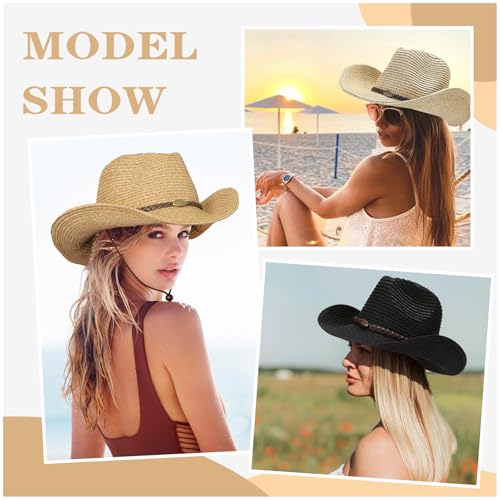 Image of Straw Cowboy Hats Western Cowgirl Hat for Holiday Woven Beach Sun Hat with Shapeable Wide Brim Cowboy Hat for Women /Men