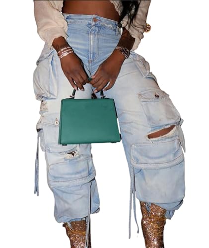 SEMATOMALA Women's Cargo Jeans Jogger Pants Multi Pockets Y2K Destroyed Ripped Denim Ankle Cuffed Baggy Pants3
