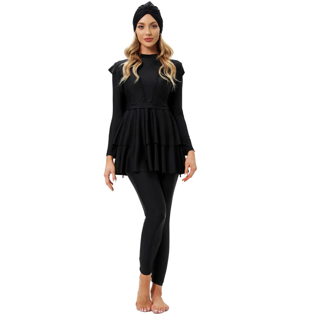 Muslim Swimsuits for Women Modest Islamic Swimwear Burkini Full Cover Hijab Long Sleeve Muslim Dress Tops + Pants Set with Swimming Cap Costume Sun Protection Beachwear Bathing Suits Black 2XL