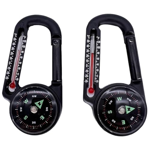 2 Pcs Compass Keychain with Thermometer Aluminium Alloy Portable Compass Carabiner for Outdoor Activities Hiking Survival Compass Handheld Navigation Tool, Compass Keychain