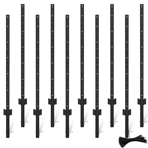 LYDTICK 10Pack Fence Posts 4Ft in Bulk, Metal Fence Stakes Black Fencing Pole Heavy Duty T Post for Garden Wire Fencing, Black