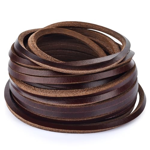 TeeLiy 3mm Flat Genuine Leather Cord, Genuine Full Grain Cowhide Leather Lace Braiding String Tan for Jewelry Making, DIY Craft (Oil Tan Red Brown_5Yards)