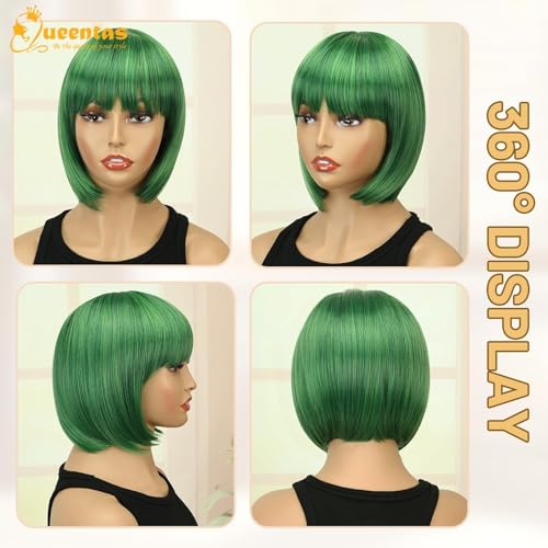 Image of QUEENTAS 10 Inch Short Straight Green Bob Wig for Women with Bangs Glueless Synthetic Hair Natural Looking for St Patrick's Day Halloween Cosplay