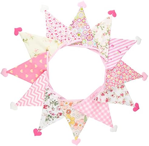 G2PLUS 4M Fabric Bunting Banner with Hearts -12PCS Double Sided Cotton Pennants - 17x19CM Floral Triangle Garlands for Birthday Parties Ceremonies Kitchen Bedrooms Decoration-Pink