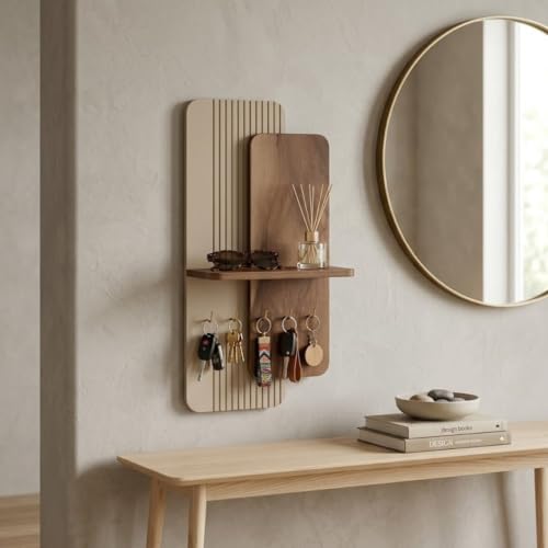 Image of Home Sparkle Wall Mounted Key Holder for Home Entrance with Shelf | Premium MDF Wood Organizer with Paint Finish | Modern Key Hanger Rack with 5 Hooks for Keys & Daily Essentials |Walnut & Ivory White