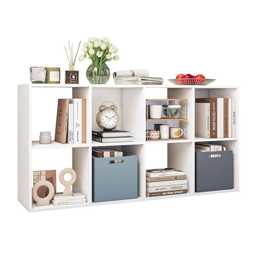 DongRong 8 Cube Storage Organizer Bookcase, Wooden Freestanding Bookshelf with Open Storage Compartments, Sturdy Thick Panels, Easy Assembly, for Living Room Bedroom Office, White