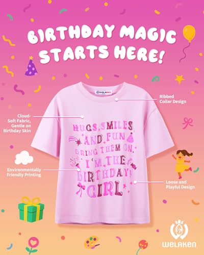 Image of WELAKEN Girls Soft T-Shirt with Curved Hem, Breathable Stretchy Rayon Crewneck Short Sleeve Tees, Kids Everyday Basic Top