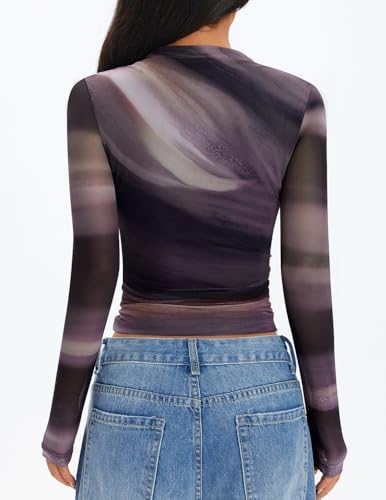 ZESICA Fall Floral Long Sleeve Tops for Women 2025 Mock Neck Mesh Ruched Slim Fit Going Out T Shirts Trendy Blouses4