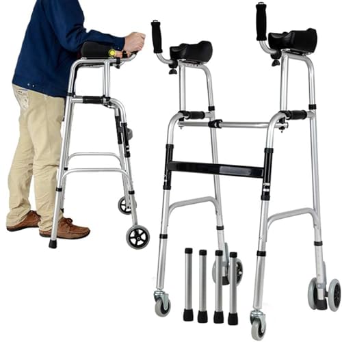 Andador plegable de 4 ruedas con asiento acolchado, andador vertical para ancianos con soporte para antebrazo y frenos, altura ajustable, movilidad y ayuda para la vida diaria