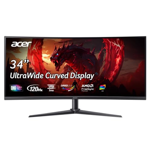 Image of Acer Nitro ED340CUR J0 34 Inch UWQHD Curved Gaming Monitor | 3440x1440 VA Panel | 120Hz (DP) | 1ms VRB | AMD FreeSync Premium | HDR10 | 1500R | 2x HDMI 2.1 + DP 1.4 | Easy Tilt | Speakers | VisionCare