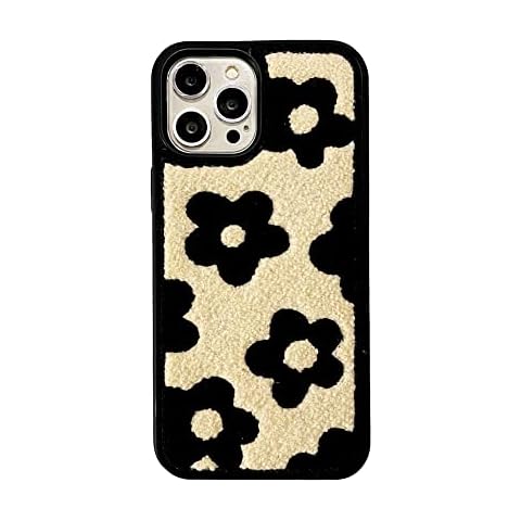 KJArrow Cute Flower Case for iPhone 14 Pro Warm Fur Back, Retro Aesthetic Cute Carpet Case for iPhone 14 Pro Floral Design, Fluffy Girly Case for iPhone 14 Pro (Black Flower) Cover