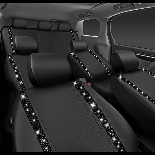 Image of CAR PASS Bling Diamond Car Seat Covers, Shining Rhinestones Waterproof Faux Leather, 7 Seats 3 Rows with Zipper Glitter Crystal Sparkle Strips Universal Fit 95% MPV,SUV,CAR for Women Girl, Black