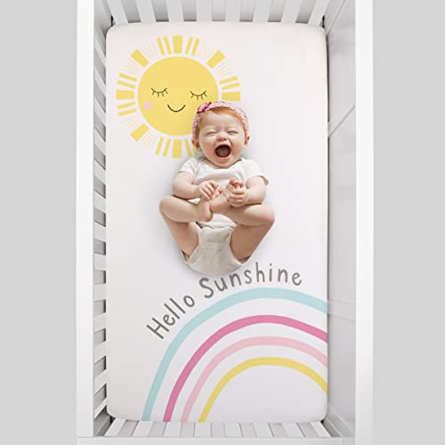 Image of NoJo Happy Days Pink, Yellow, Blue and White, Rainbows and Hello Sunshine 100% Cotton Photo Op Nursery Fitted Crib Sheet