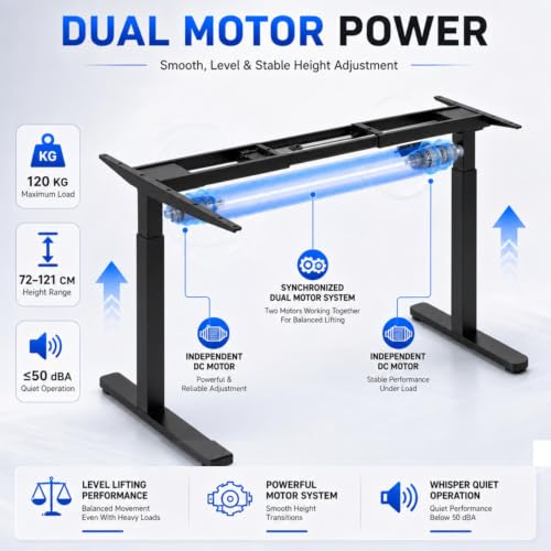 Image of Height Adjustable Desk Frame - Electric Standing Desk Base with Anti-Collision, Low Noise Motors, Best for Work from Home (Black, Dual Motor - L Shape)