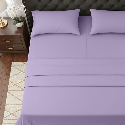 Image of Elegant Comfort Luxurious 1500 Premium Hotel Quality Microfiber Three Line Embroidered Softest 5-Piece Bed Sheet Set, Wrinkle and Fade Resistant, Split King, Lavender