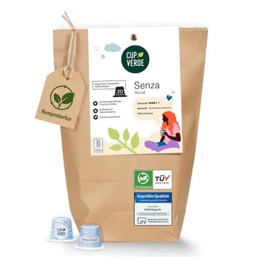 CUP VERDE Senza Kaffeekapseln kompostierbar - [30 Kapseln - kompatibel mit Nespresso®] - Decaf - Kaffee ohne Koffein - 100% Arabica - Koffeinfrei - Entkoffeiniert - Aluminiumfrei - Kapselkaffee - Pods