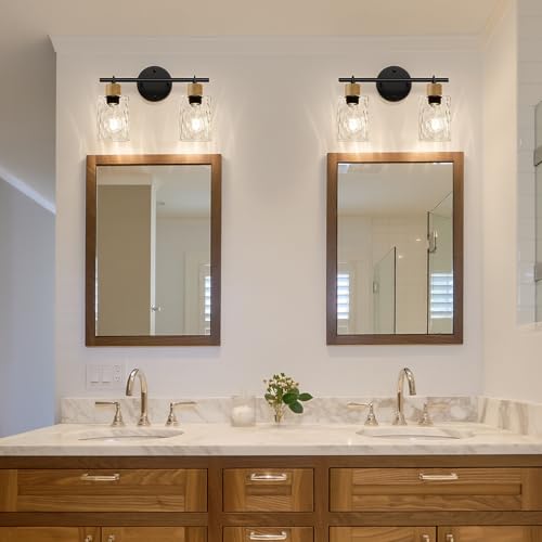 Image of MOKATNG Bathroom Light Fixtures, 2-Light Coastal Vanity Lights with Crystal Glass Shade, Brown and Gold Bathroom Wall Lamp for Mirror Kitchen Hallway Cabinet
