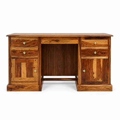 Image of SONA ART & CRAFTS Carmel Solid Sheesham Wood Study Table for Students Big Size with 4 Drawers & 2 Doors Wooden Study Desk Table Office Table for Work from Home Office Desk (Natural Teak Finish)