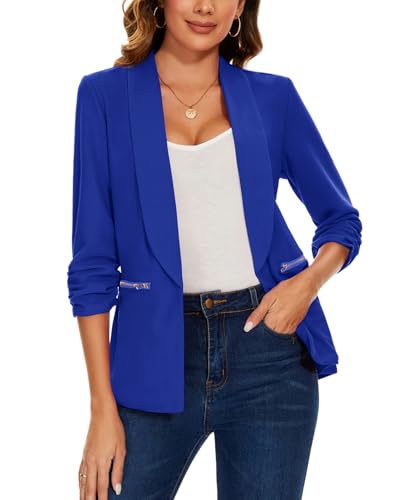 MINTLIMIT Womens Casual Blazer 3/4 Ruched Sleeve Open Front Cardigan Work Office Blazers Suit Jackets with Zipper Pockets