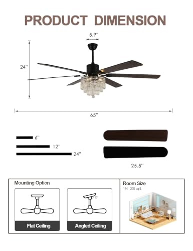 Image of 65'' Black Crystal Chandelier Ceiling Fan with Light