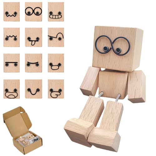 RARITYLL Shaking Wooden Man Figurine for Car Dashboard - Handmade Wooden Doll with 12 Magnetic Faces Wobbly Motion Car Accessories & Desk Decor Gift for Men & Women