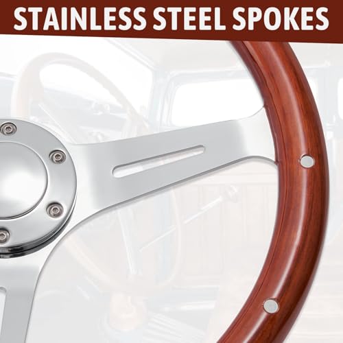 TEMSONE 15\" Wood Steering Wheel Grain Billet Polished 3 Spokes, 2.1\" Deep Dish Universal Classic Vintage Nostalgia Style Finger Grip Wooden Steering Wheel with 6 Bolts Horn Button (Rivet)