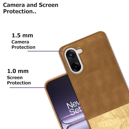 Image of amazon basics Luxury Leather and Wooden Texture OnePlus Nord CE5 5G Back Cover Case | Baby Skin Feel Full Camera Protection Case | Raised Edges | Side Soft TPU (Brown)