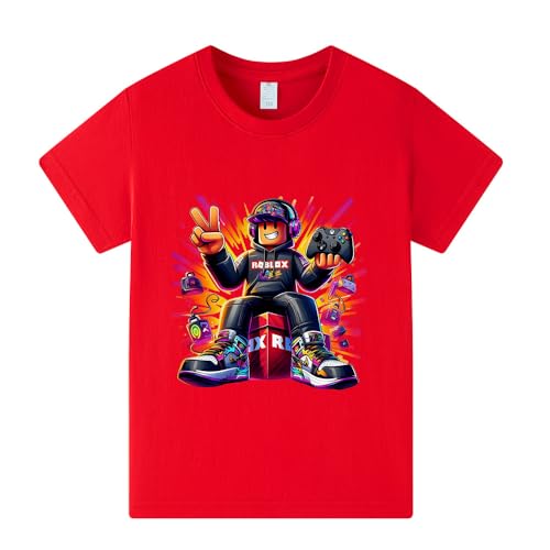 Roblox pojkar t-shirt barn 100 % bomull sommar rolig spel tecknad t-shirt youtuber tonåring PS4 karaktär sweatshirt skjortor ledig rund hals topp, Röd, 9-10 År