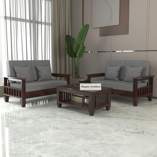 Image of Sheesham Wooden 4 Seater Sofa Set for Living Room | Rosewood Cushion Sofa with Side Newspaper Holder for Home & Office | Solid Wood Sofa Set for Lounge (Walnut, 2+2 Seater)
