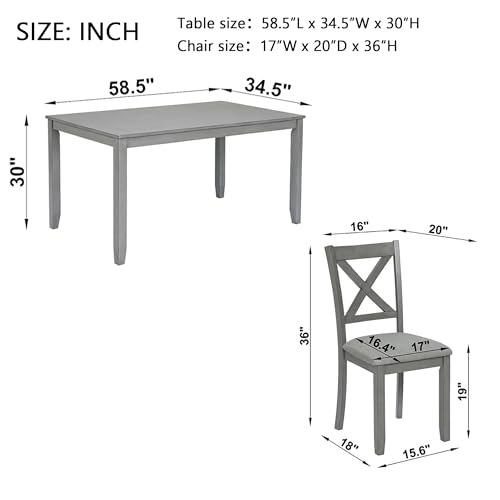 Image of Harper & Bright Designs Modern 7-Piece Dining Set,58.5 inch Solid Wood Table & 6 Padded X-Back Style Chairs, Grey for Kitchen /Dining Room, 6-Person Seating