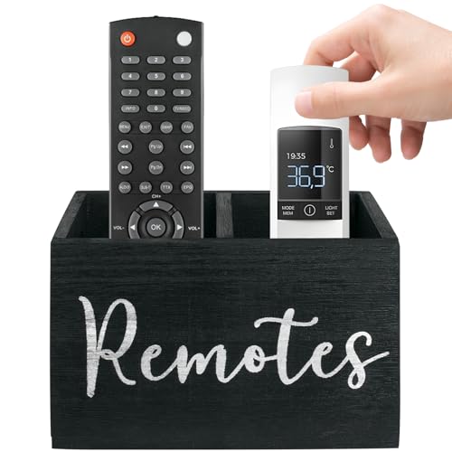 HAUYEST Soporte para control remoto, soporte para control remoto de TV con 2 compartimentos, organizador remoto para mesa, caja de madera para mesita de noche, caja de almacenamiento multimedia para