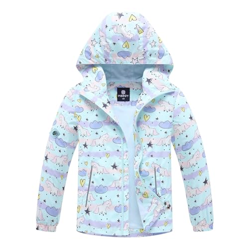 MGEOY Girls Rain Jacket Lightweight Waterproof Hooded Cotton Lined Raincoat Windbreaker for Kids Cyan Unicorn 10/12