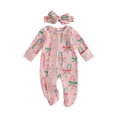 Newborn Baby Girl Christmas Outfit Bow Candy Cane Footed Romper Headband Infant My First Xmas Jumpsuit