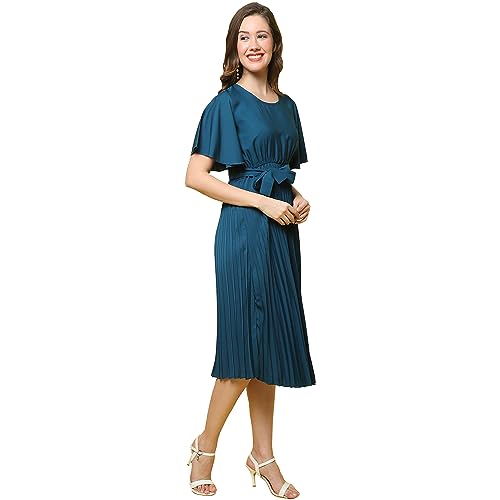 Image of Fabflee Women's Polyester A-Line Standard Length Dress (FB-P1-Pleated-206 L Turquoise L)